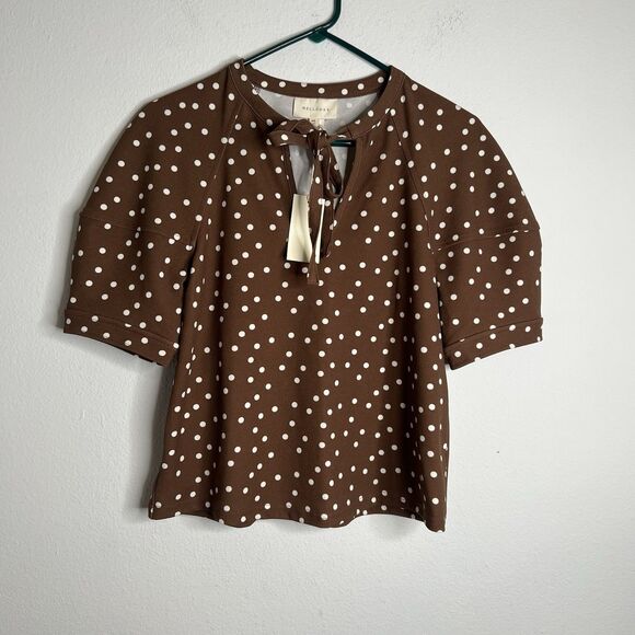 MELLODAY Tops - MELLODAY Women Top Brown Polka Dots  White Short Sleeve Top Size XS